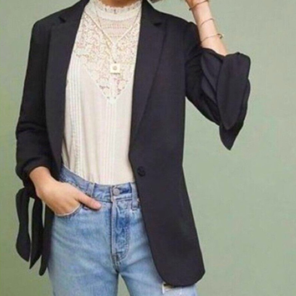 Anthropologie Cartonnier Tie Sleeve Blazer Jacket Floral Lining Size 14 Black
